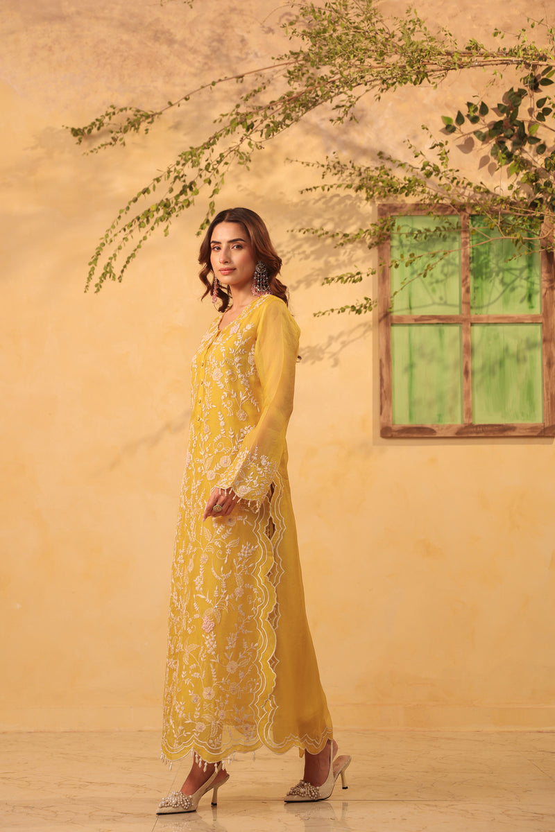 Vaayu Yellow Heavy Jaal Scallop Kurta Set organza , silk tencel kurta/kurta set by Niti Bothra in yellow for women Worldwide
