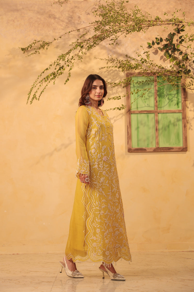 Vaayu Yellow Heavy Jaal Scallop Kurta Set organza , silk tencel kurta/kurta set by Niti Bothra in yellow for women Worldwide