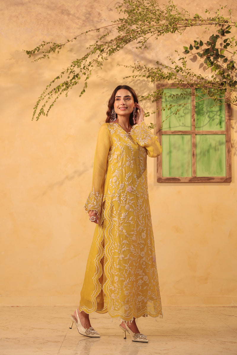 Vaayu Yellow Heavy Jaal Scallop Kurta Set organza , silk tencel kurta/kurta set by Niti Bothra in yellow for women Worldwide