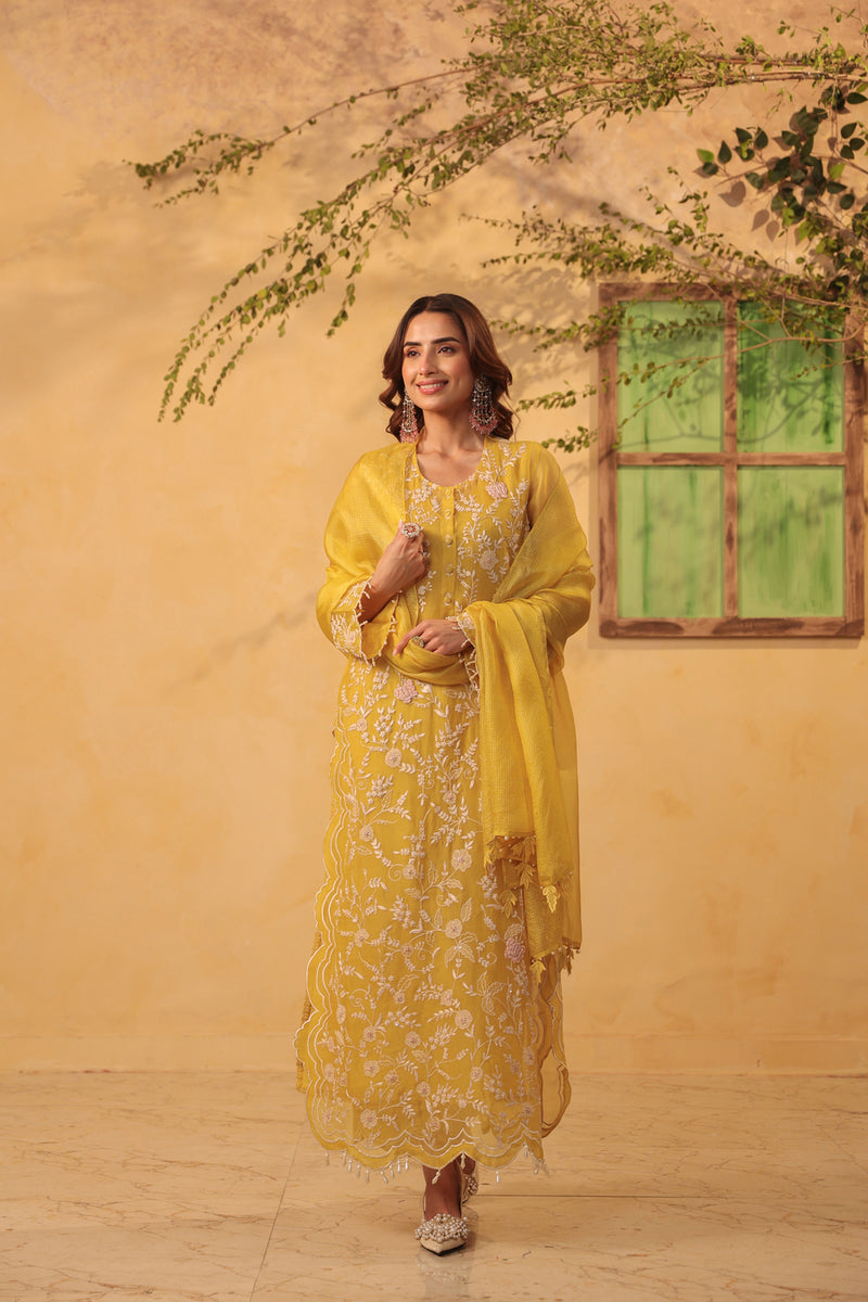Vaayu Yellow Heavy Jaal Scallop Kurta Set organza , silk tencel kurta/kurta set by Niti Bothra in yellow for women Worldwide