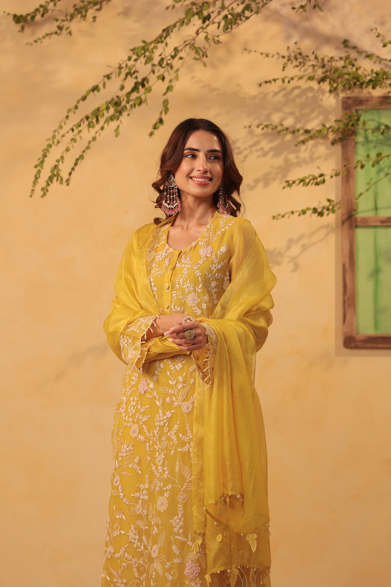 Vaayu Yellow Heavy Jaal Scallop Kurta Set organza , silk tencel kurta/kurta set by Niti Bothra in yellow for women Worldwide