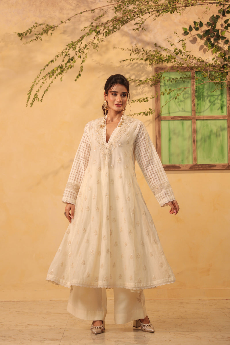 Vaayu Ivory Kalidar Set silk chanderi , silk tencel kurta/kurta set by Niti Bothra in ivory for women Worldwide