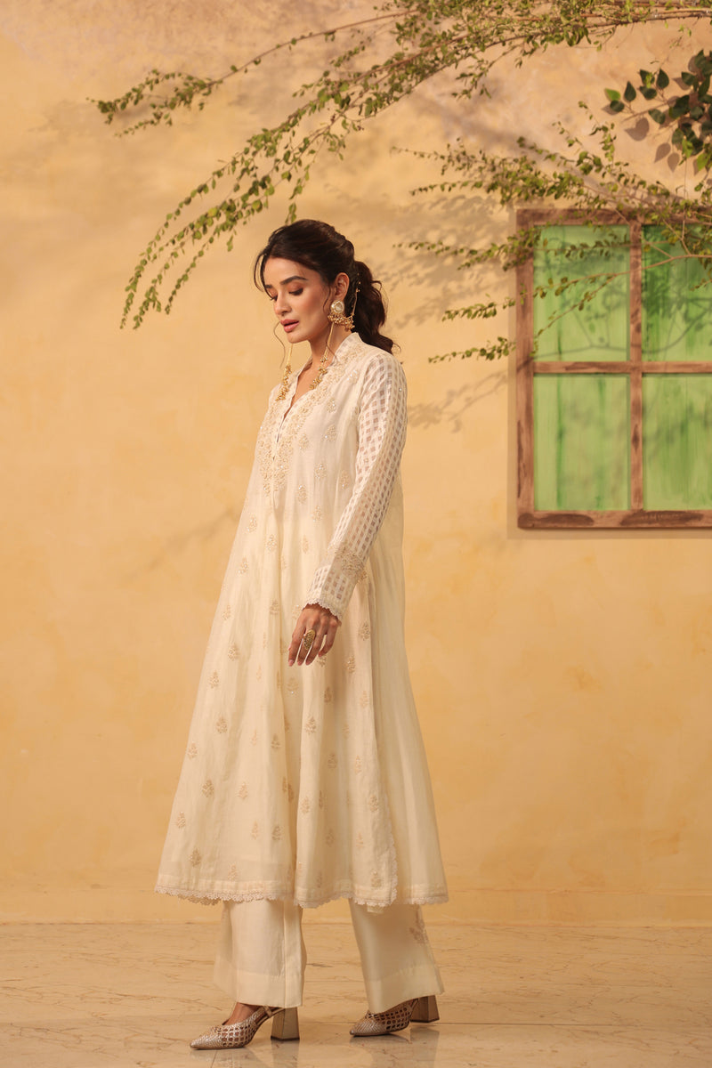 Vaayu Ivory Kalidar Set silk chanderi , silk tencel kurta/kurta set by Niti Bothra in ivory for women Worldwide