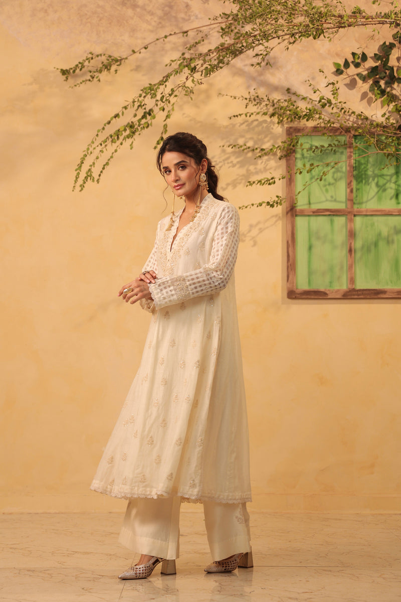 Vaayu Ivory Kalidar Set silk chanderi , silk tencel kurta/kurta set by Niti Bothra in ivory for women Worldwide