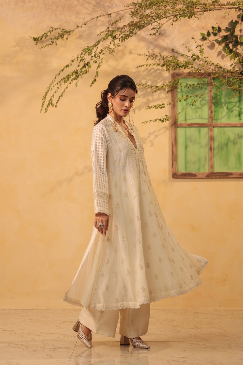 Vaayu Ivory Kalidar Set silk chanderi , silk tencel kurta/kurta set by Niti Bothra in ivory for women Worldwide