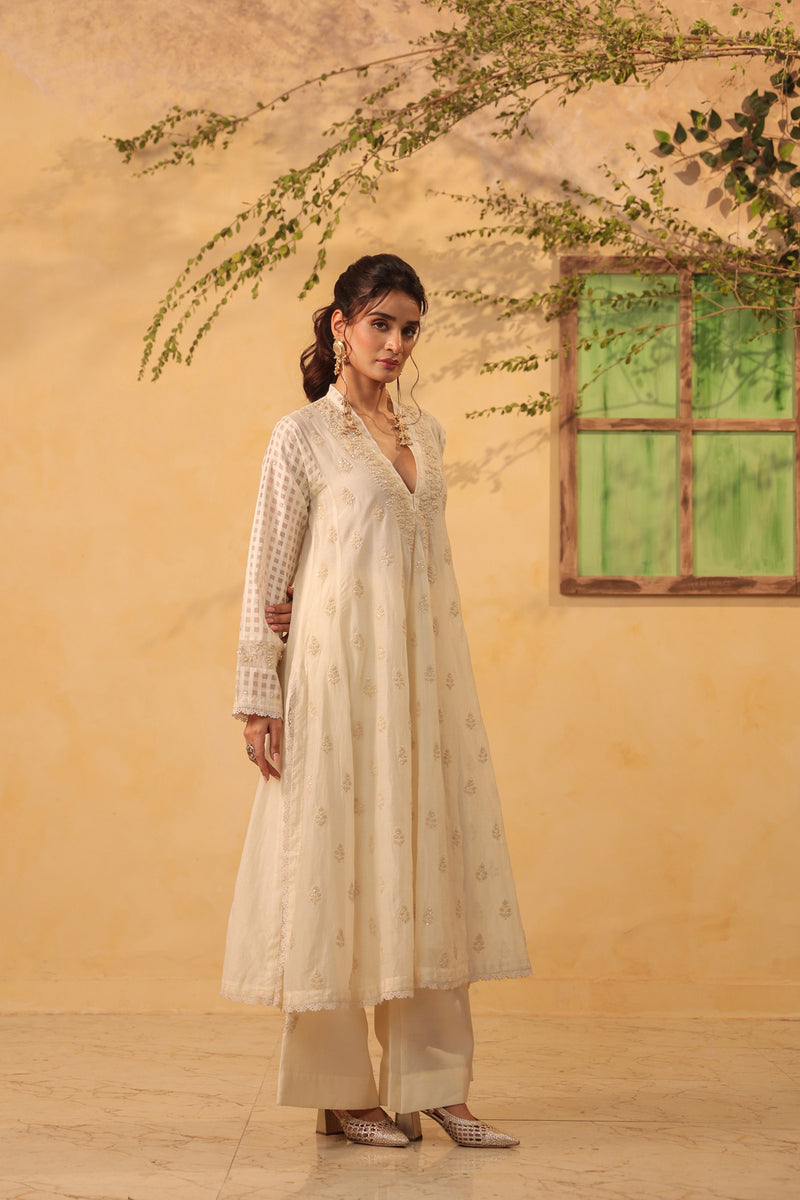 Vaayu Ivory Kalidar Set silk chanderi , silk tencel kurta/kurta set by Niti Bothra in ivory for women Worldwide