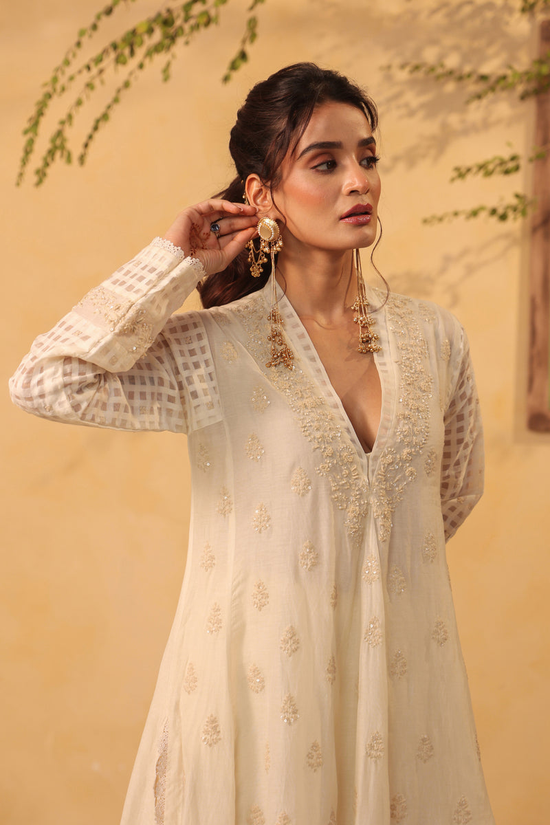 Vaayu Ivory Kalidar Set silk chanderi , silk tencel kurta/kurta set by Niti Bothra in ivory for women Worldwide