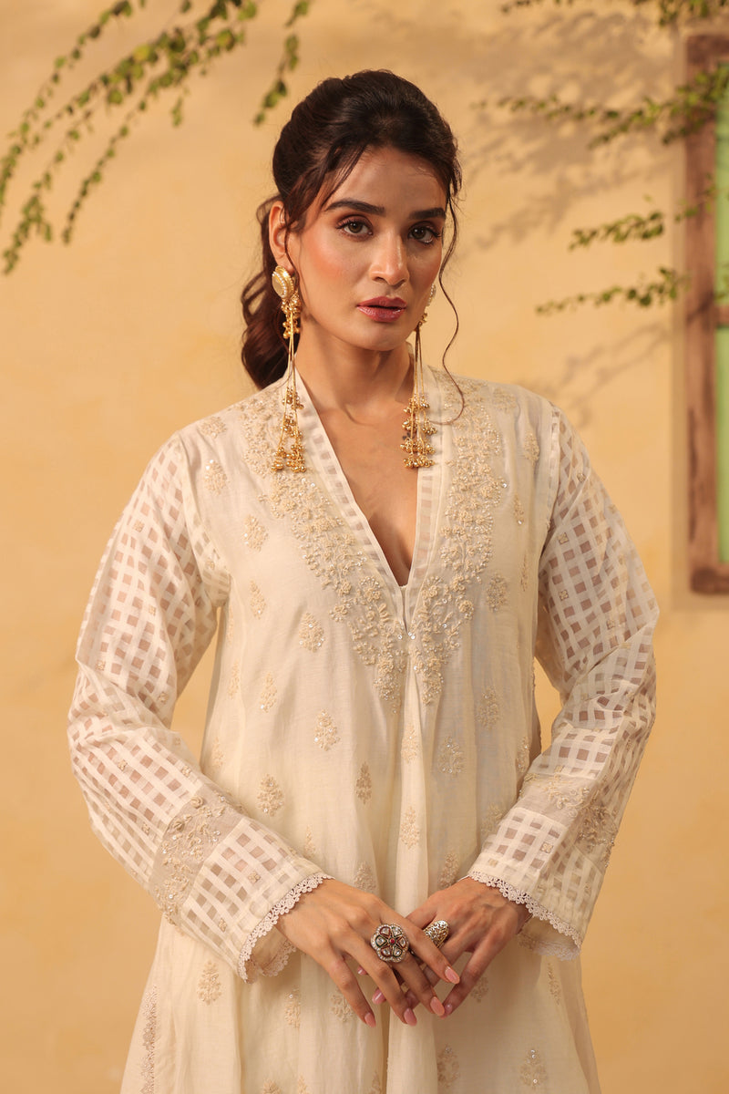 Vaayu Ivory Kalidar Set silk chanderi , silk tencel kurta/kurta set by Niti Bothra in ivory for women Worldwide