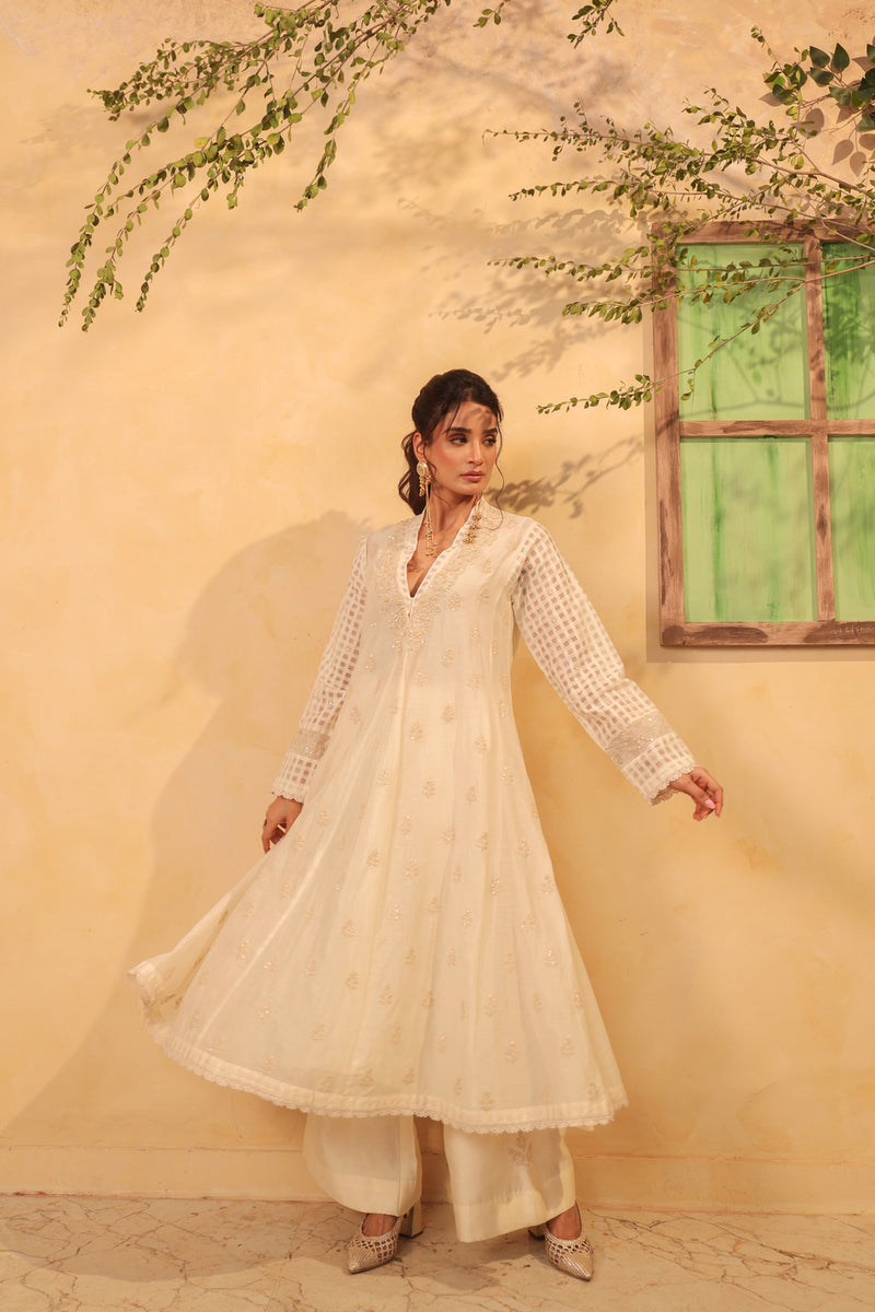 Vaayu Ivory Kalidar Set silk chanderi , silk tencel kurta/kurta set by Niti Bothra in ivory for women Worldwide
