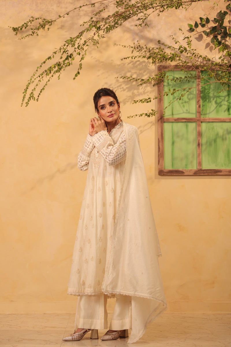 Vaayu Ivory Kalidar Set silk chanderi , silk tencel kurta/kurta set by Niti Bothra in ivory for women Worldwide