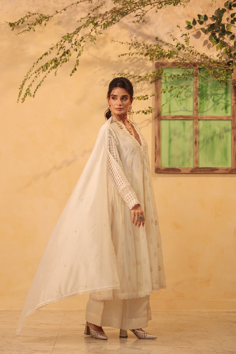 Vaayu Ivory Kalidar Set silk chanderi , silk tencel kurta/kurta set by Niti Bothra in ivory for women Worldwide