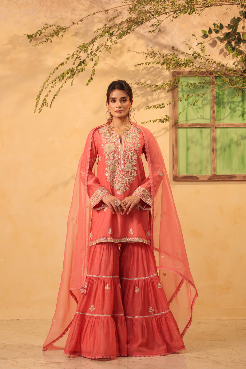 Vaayu Pink Sharara Set silk chanderi kurta/kurta set by Niti Bothra in pink for women Worldwide