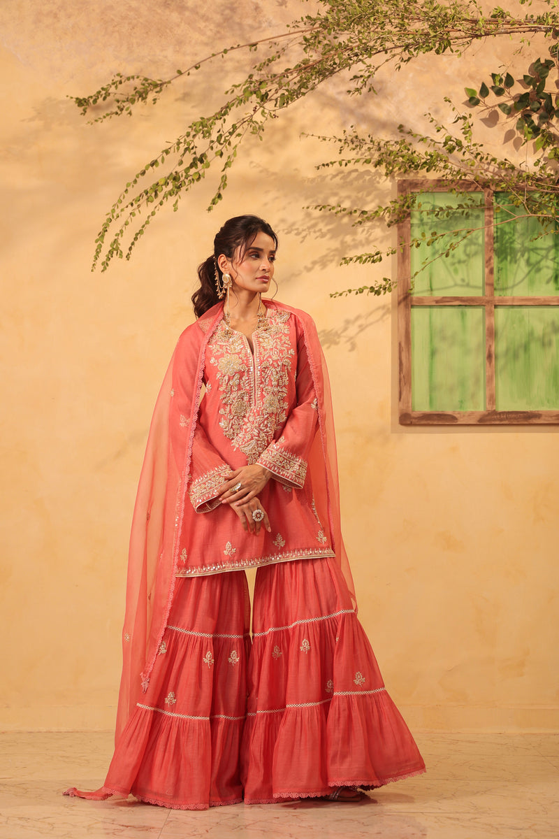 Vaayu Pink Sharara Set silk chanderi kurta/kurta set by Niti Bothra in pink for women Worldwide