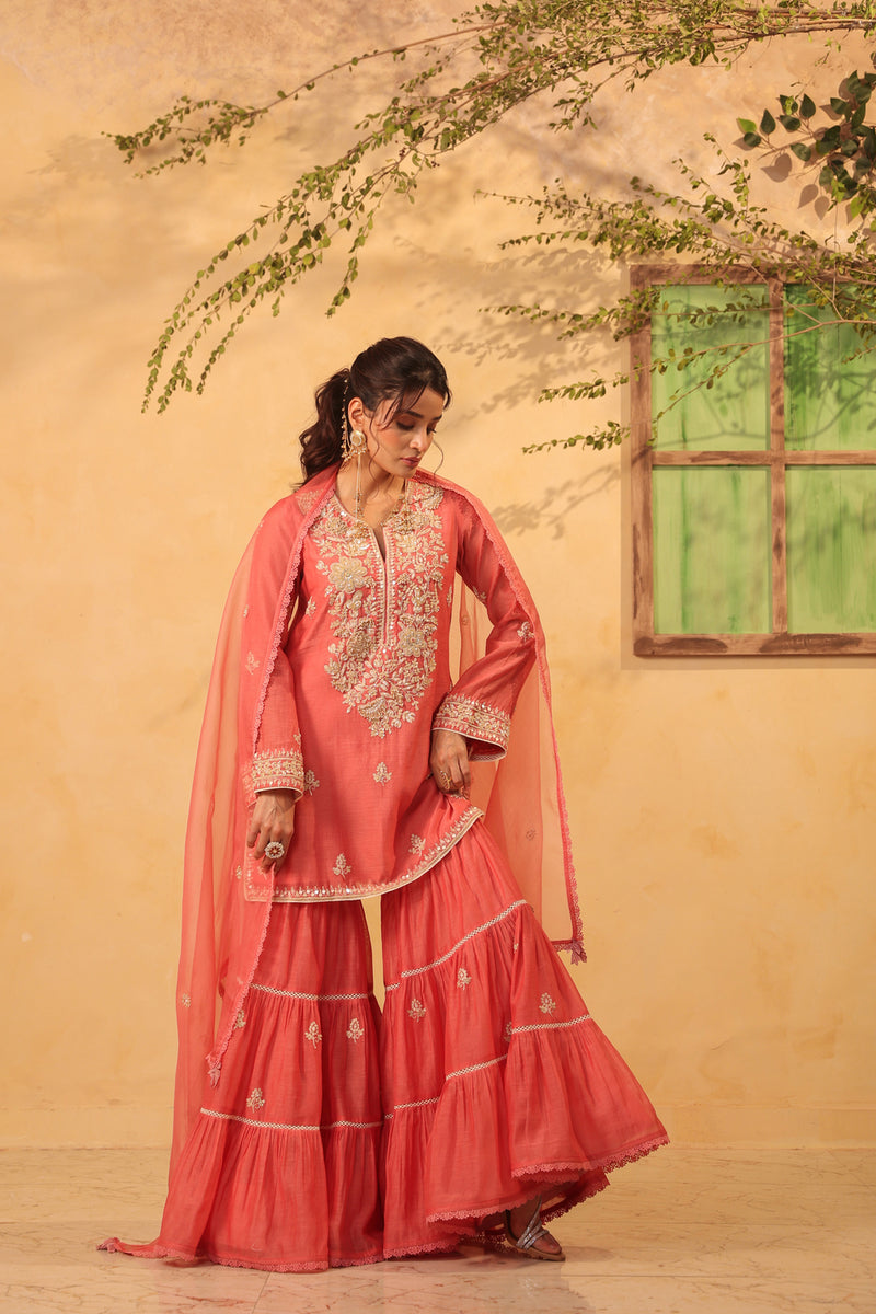 Vaayu Pink Sharara Set silk chanderi kurta/kurta set by Niti Bothra in pink for women Worldwide