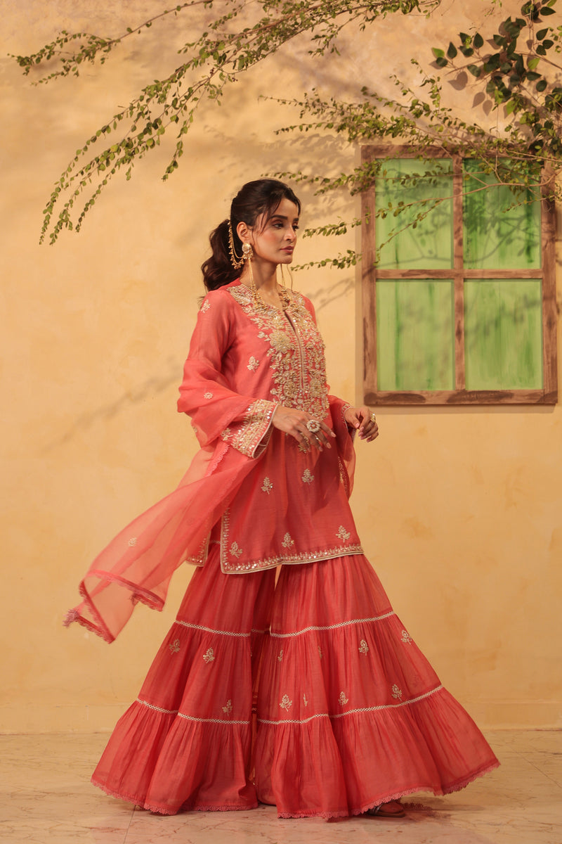 Vaayu Pink Sharara Set silk chanderi kurta/kurta set by Niti Bothra in pink for women Worldwide