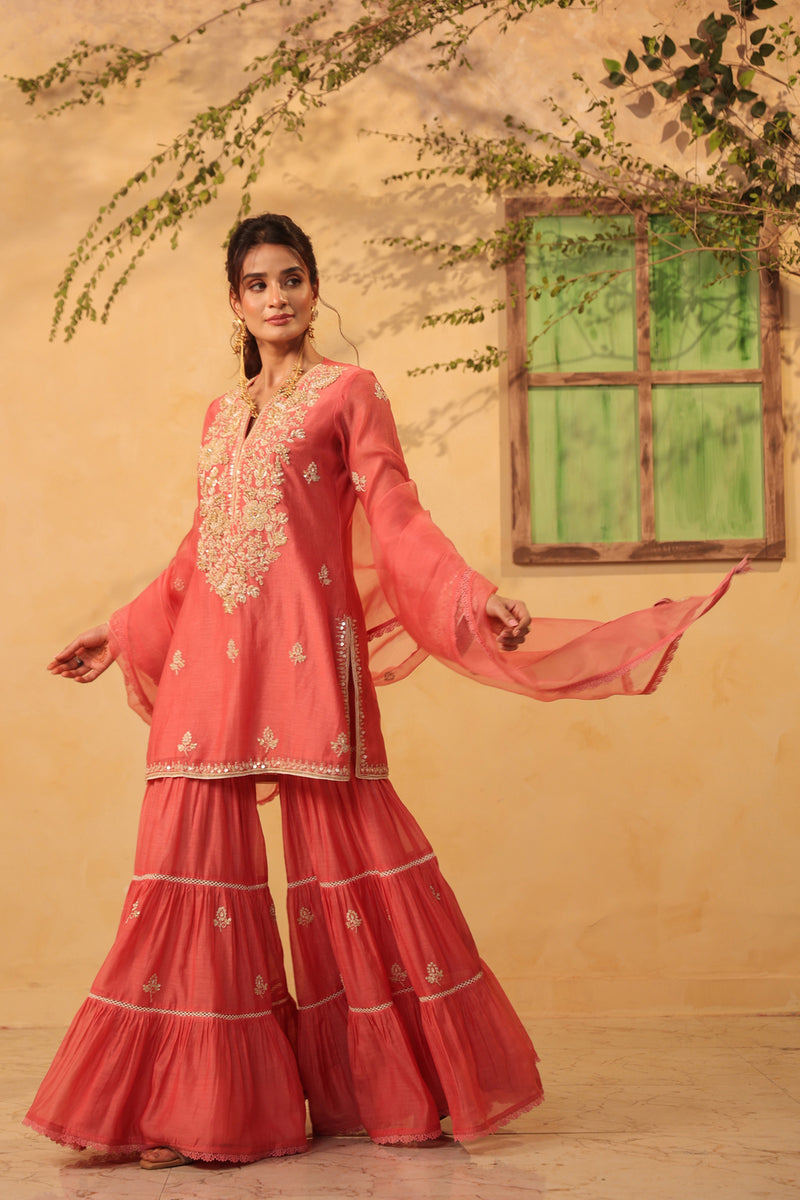 Vaayu Pink Sharara Set silk chanderi kurta/kurta set by Niti Bothra in pink for women Worldwide