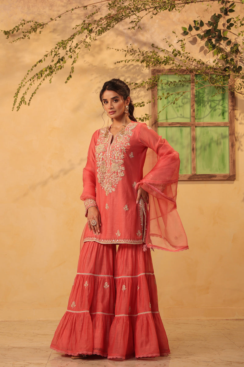 Vaayu Pink Sharara Set silk chanderi kurta/kurta set by Niti Bothra in pink for women Worldwide
