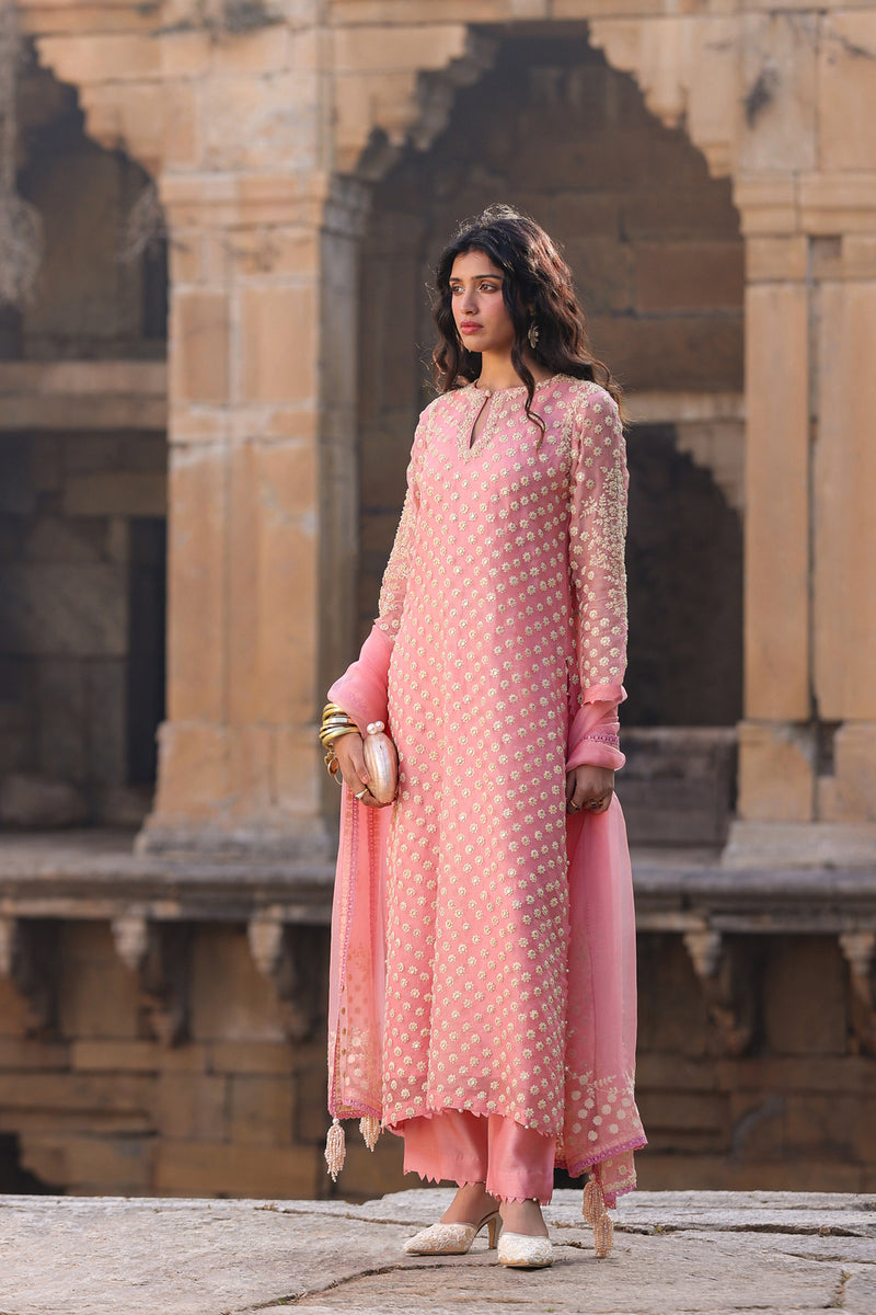 Vaayu Pink Buti Kurta Set organza , silk tencel kurta/kurta set by Niti Bothra in pink for women Worldwide