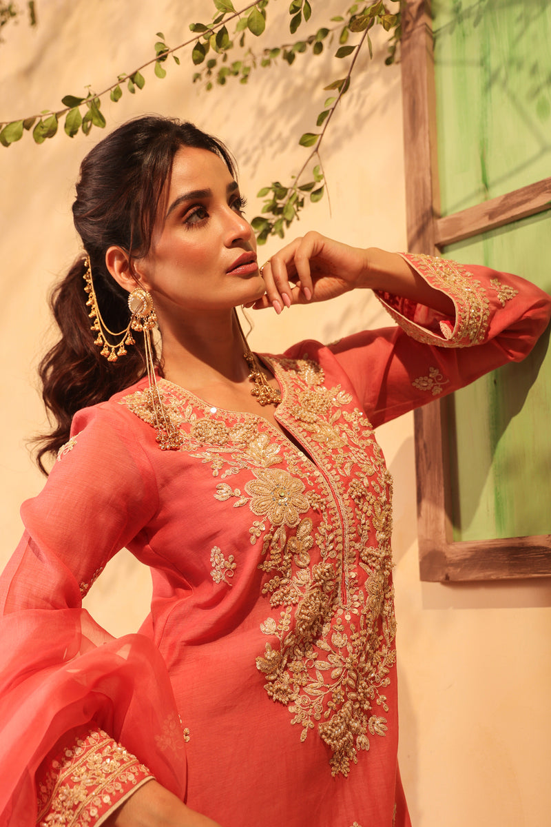Vaayu Pink Sharara Set silk chanderi kurta/kurta set by Niti Bothra in pink for women Worldwide
