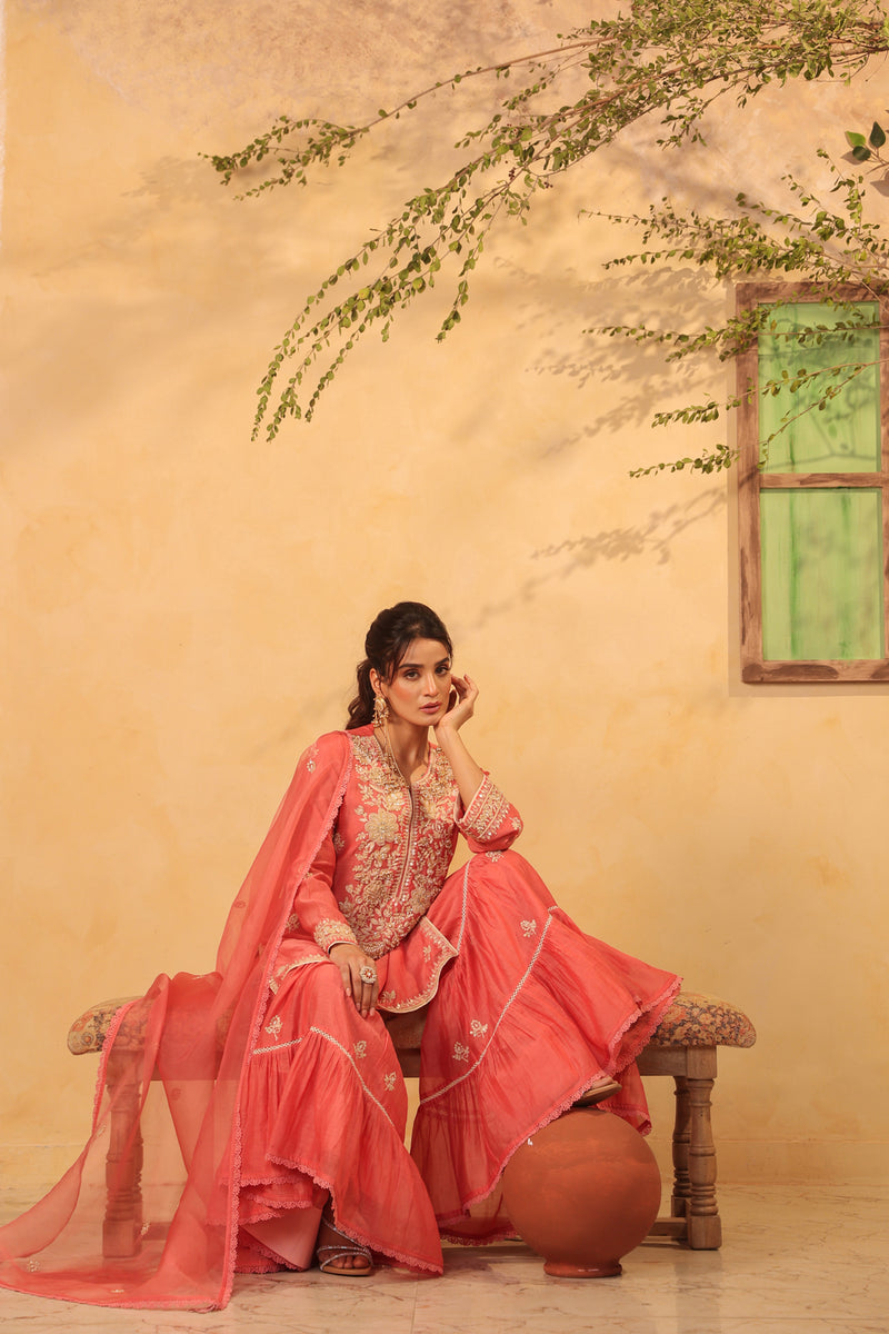 Vaayu Pink Sharara Set silk chanderi kurta/kurta set by Niti Bothra in pink for women Worldwide