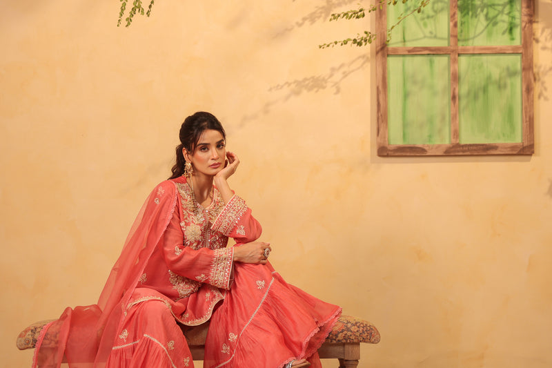 Vaayu Pink Sharara Set silk chanderi kurta/kurta set by Niti Bothra in pink for women Worldwide