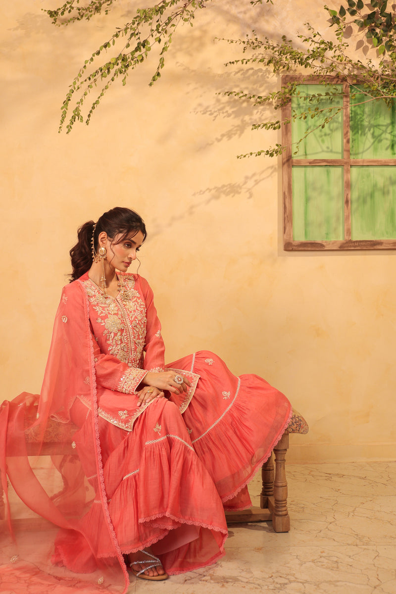 Vaayu Pink Sharara Set silk chanderi kurta/kurta set by Niti Bothra in pink for women Worldwide