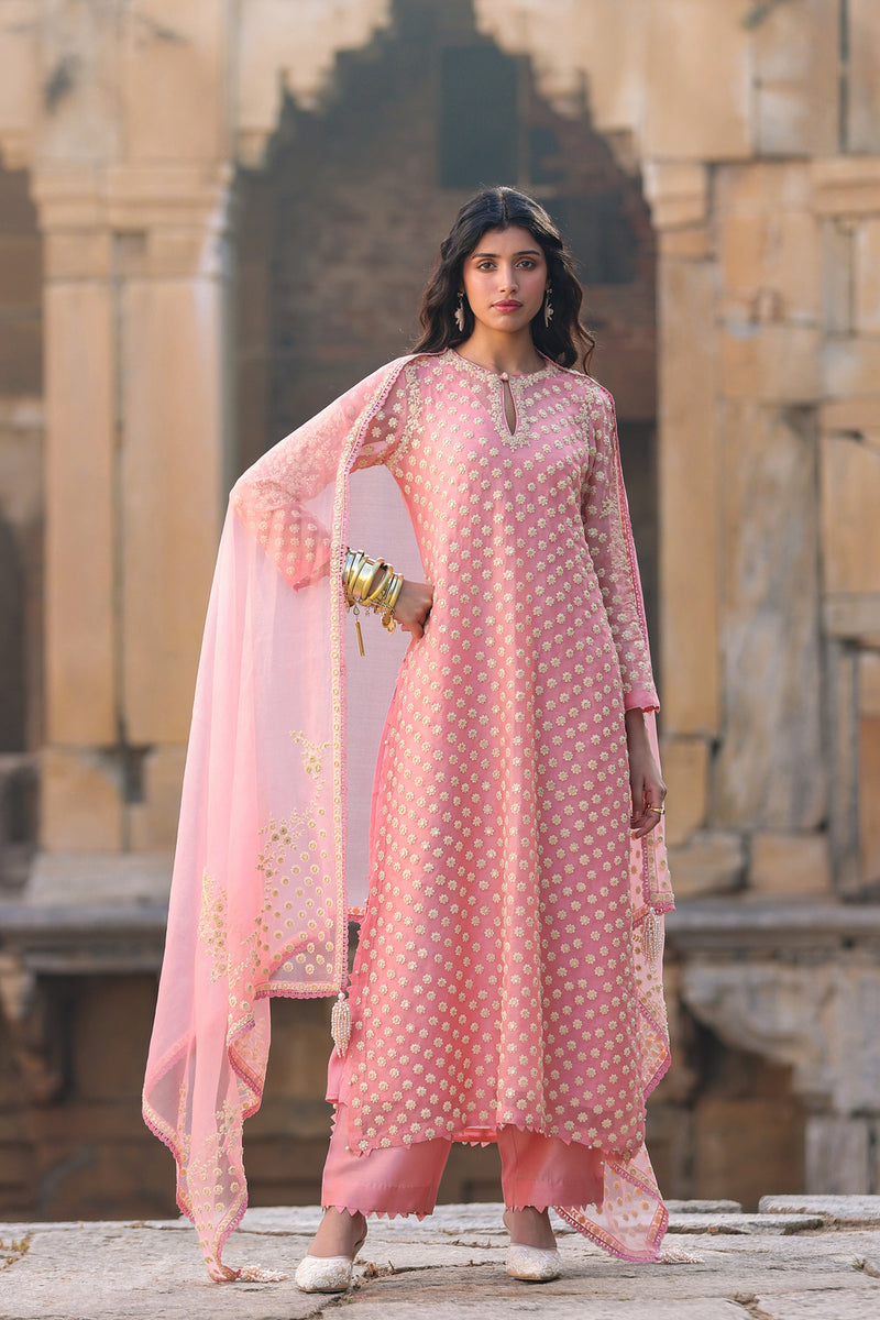 Vaayu Pink Buti Kurta Set organza , silk tencel kurta/kurta set by Niti Bothra in pink for women Worldwide