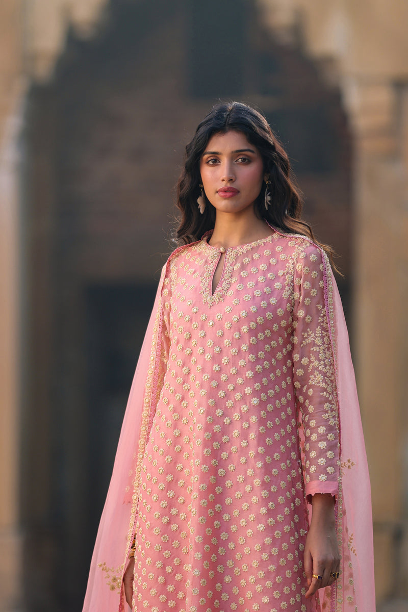 Vaayu Pink Buti Kurta Set organza , silk tencel kurta/kurta set by Niti Bothra in pink for women Worldwide