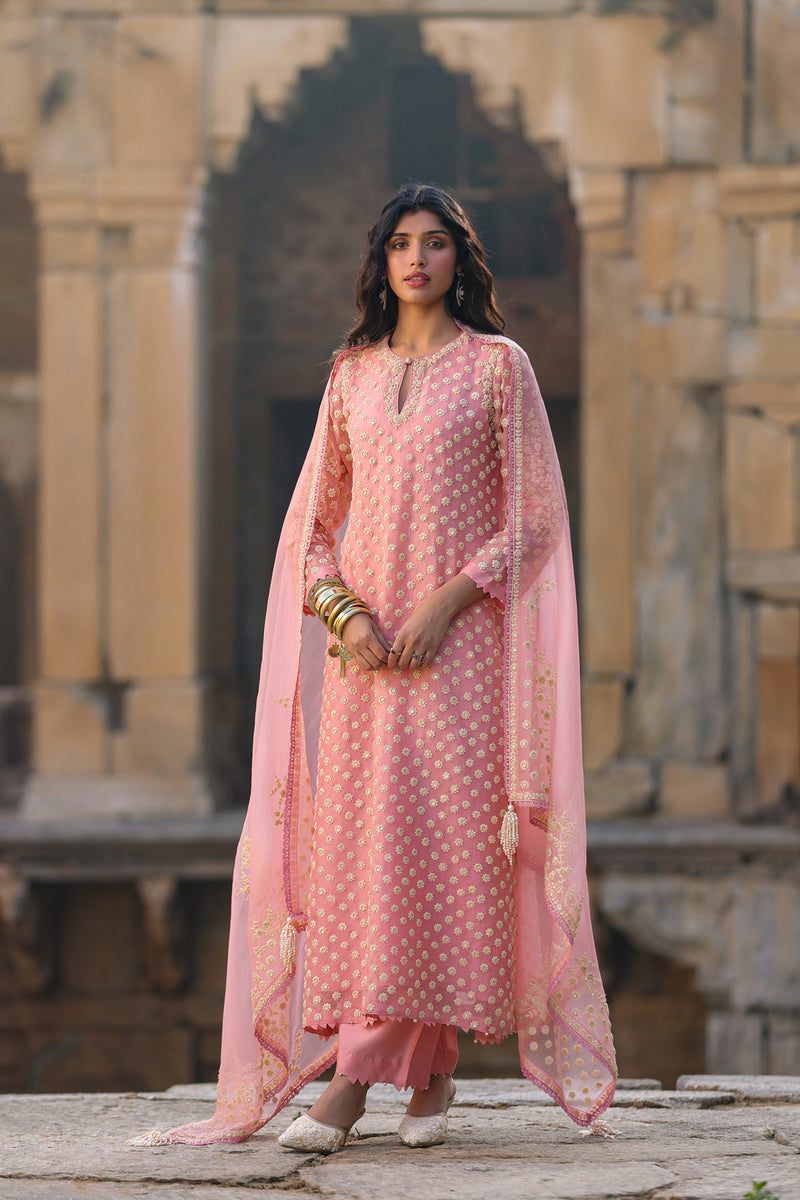 Vaayu Pink Buti Kurta Set organza , silk tencel kurta/kurta set by Niti Bothra in pink for women Worldwide
