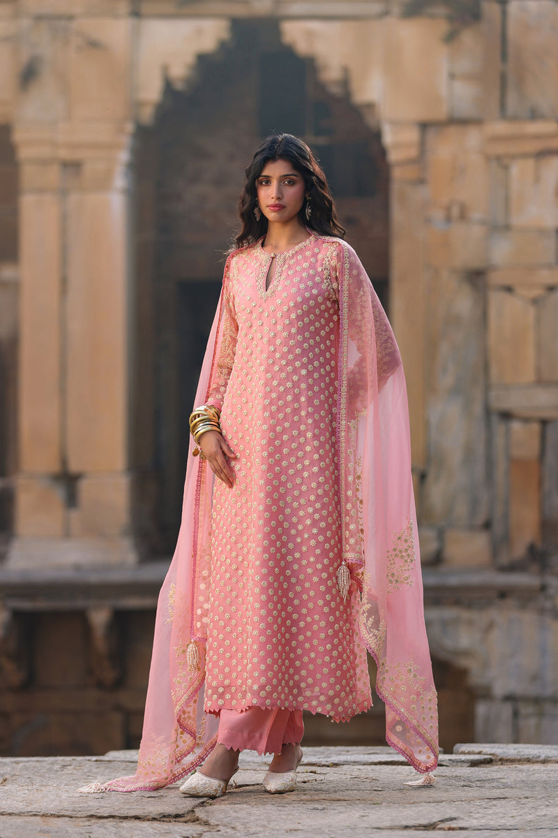 Vaayu Pink Buti Kurta Set organza , silk tencel kurta/kurta set by Niti Bothra in pink for women Worldwide