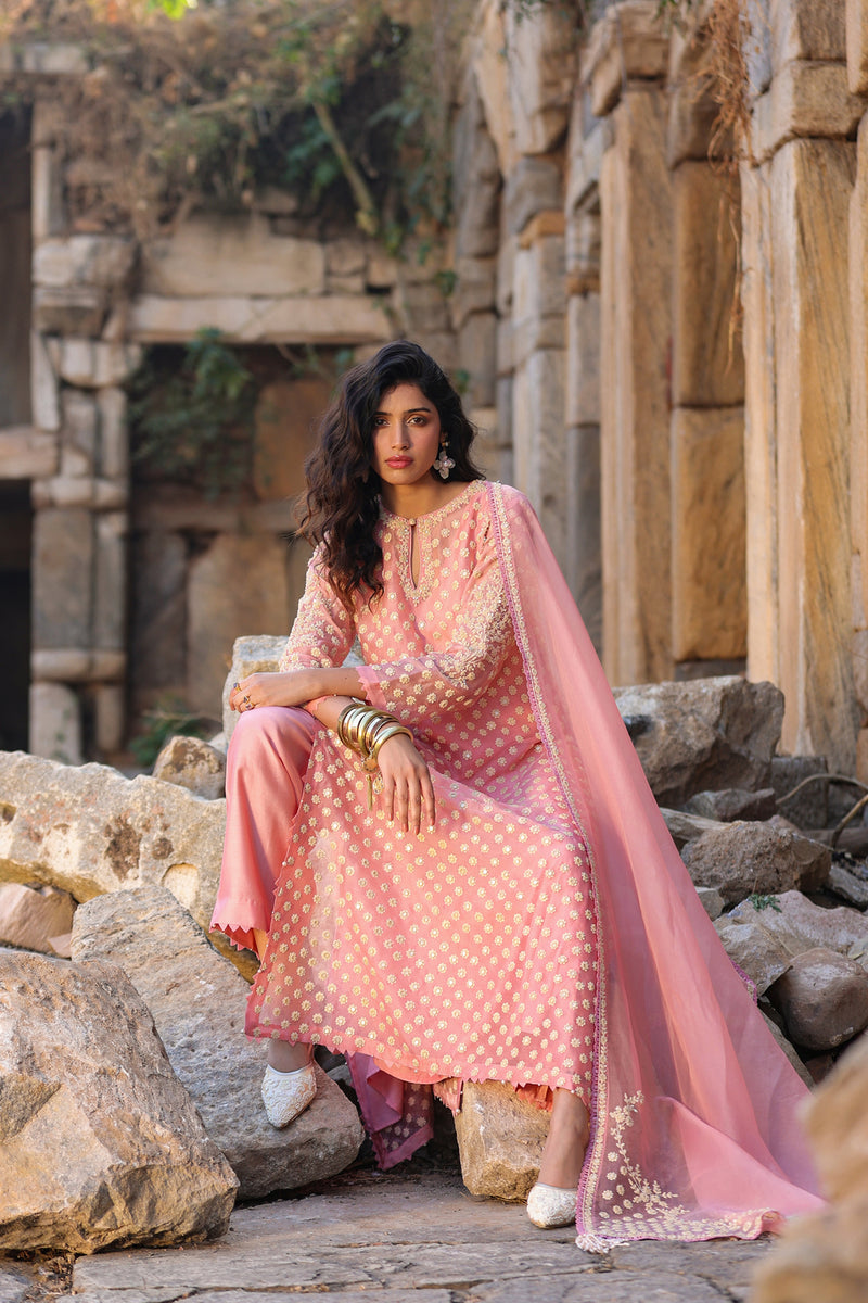 Vaayu Pink Buti Kurta Set organza , silk tencel kurta/kurta set by Niti Bothra in pink for women Worldwide