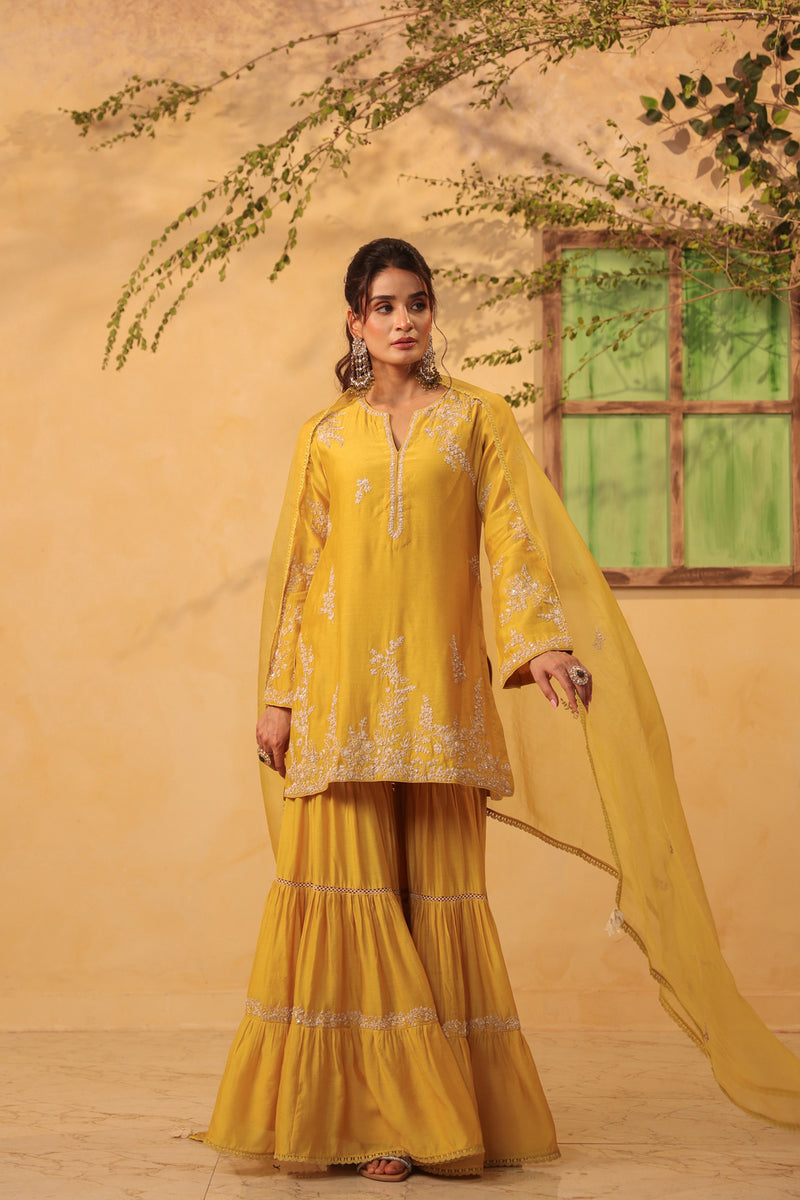 Vaayu Yellow Heavy Sharara Set silk chanderi kurta/kurta set by Niti Bothra in yellow for women Worldwide