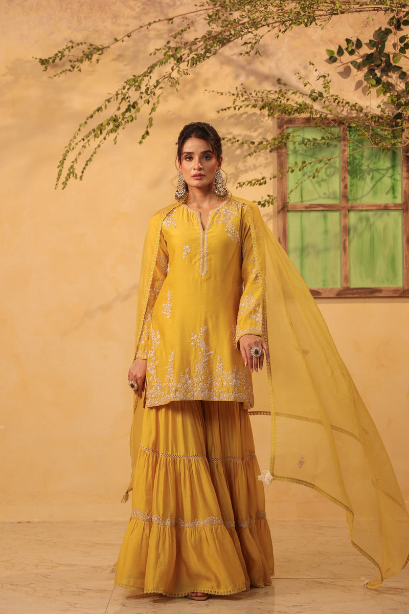 Vaayu Yellow Heavy Sharara Set silk chanderi kurta/kurta set by Niti Bothra in yellow for women Worldwide