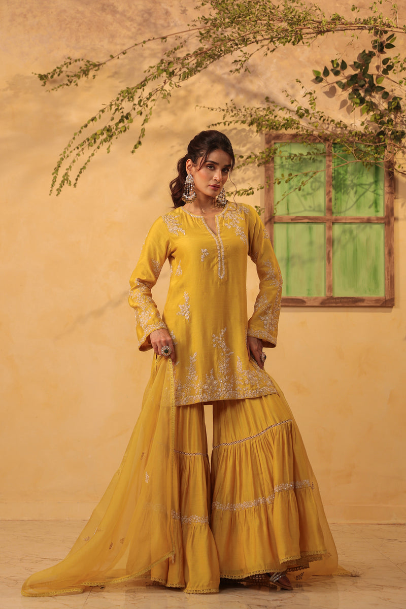 Vaayu Yellow Heavy Sharara Set silk chanderi kurta/kurta set by Niti Bothra in yellow for women Worldwide