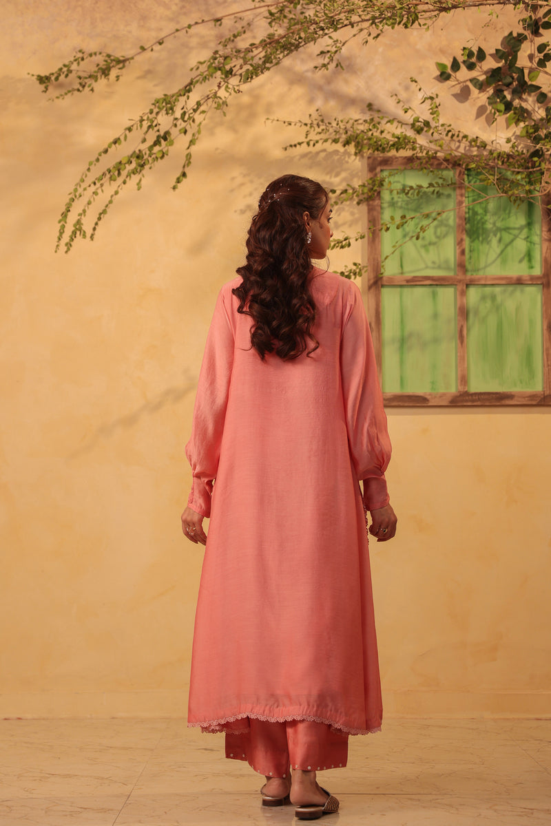 Vaayu Pink Jacket Style Kurta Set silk chanderi , silk tencel kurta/kurta set by Niti Bothra in pink for women Worldwide