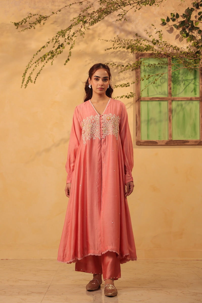 Vaayu Pink Jacket Style Kurta Set silk chanderi , silk tencel kurta/kurta set by Niti Bothra in pink for women Worldwide