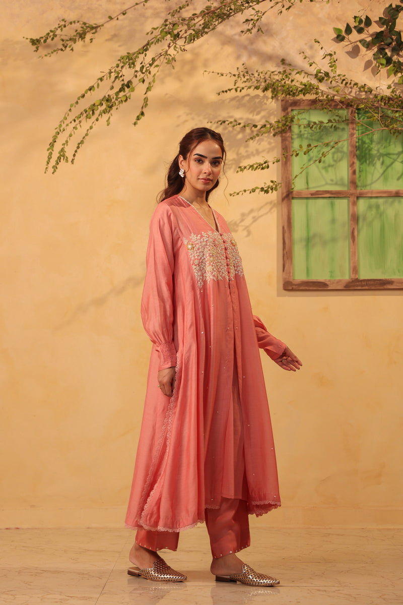 Vaayu Pink Jacket Style Kurta Set silk chanderi , silk tencel kurta/kurta set by Niti Bothra in pink for women Worldwide