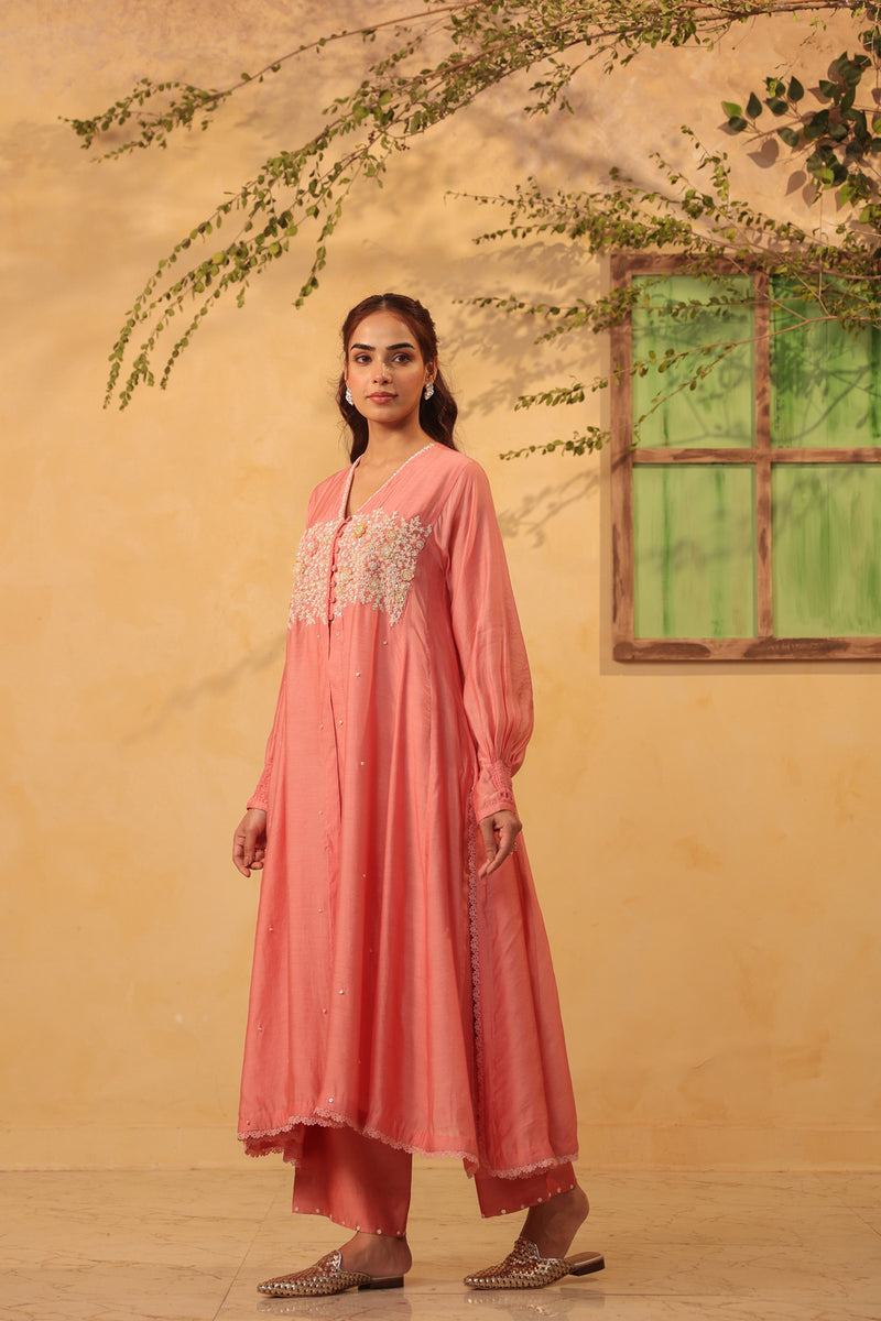 Vaayu Pink Jacket Style Kurta Set silk chanderi , silk tencel kurta/kurta set by Niti Bothra in pink for women Worldwide