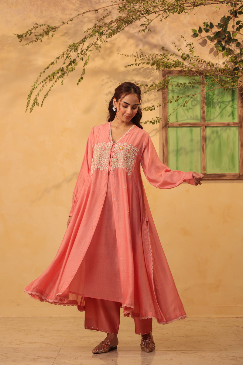 Vaayu Pink Jacket Style Kurta Set silk chanderi , silk tencel kurta/kurta set by Niti Bothra in pink for women Worldwide