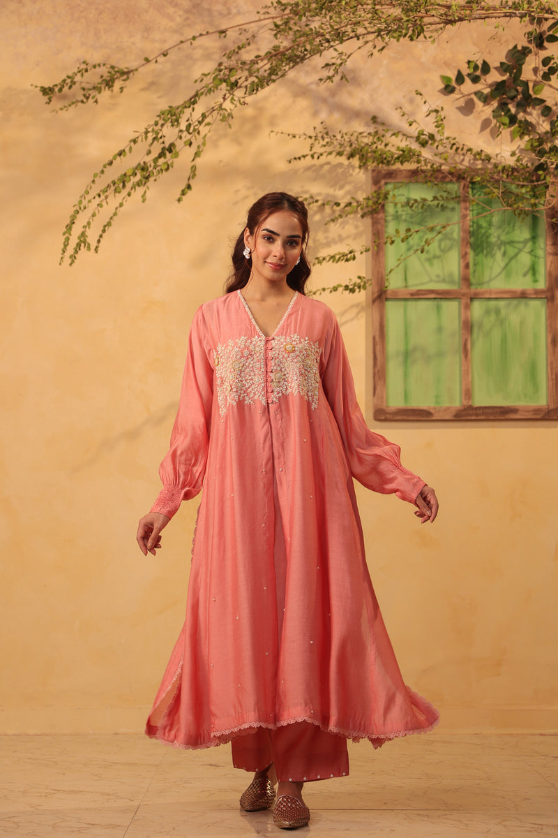 Vaayu Pink Jacket Style Kurta Set silk chanderi , silk tencel kurta/kurta set by Niti Bothra in pink for women Worldwide