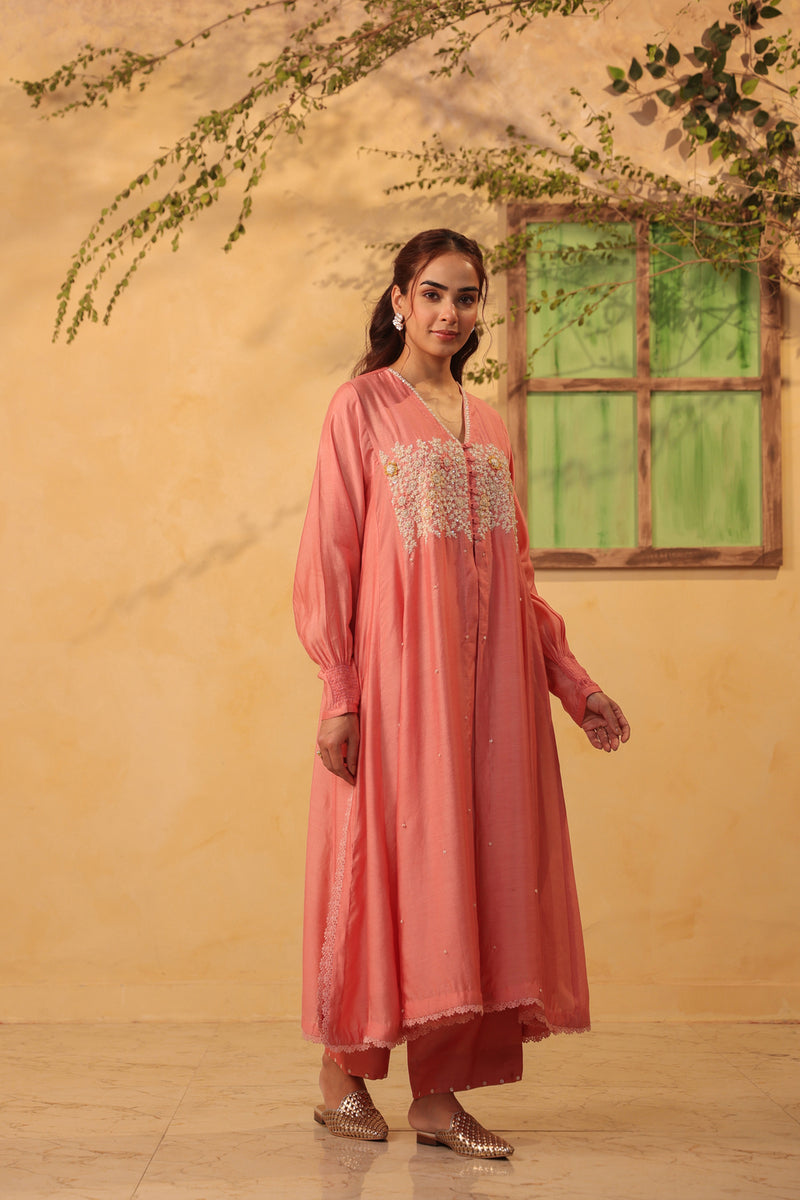 Vaayu Pink Jacket Style Kurta Set silk chanderi , silk tencel kurta/kurta set by Niti Bothra in pink for women Worldwide