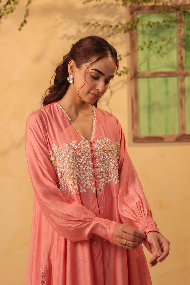 Vaayu Pink Jacket Style Kurta Set silk chanderi , silk tencel kurta/kurta set by Niti Bothra in pink for women Worldwide