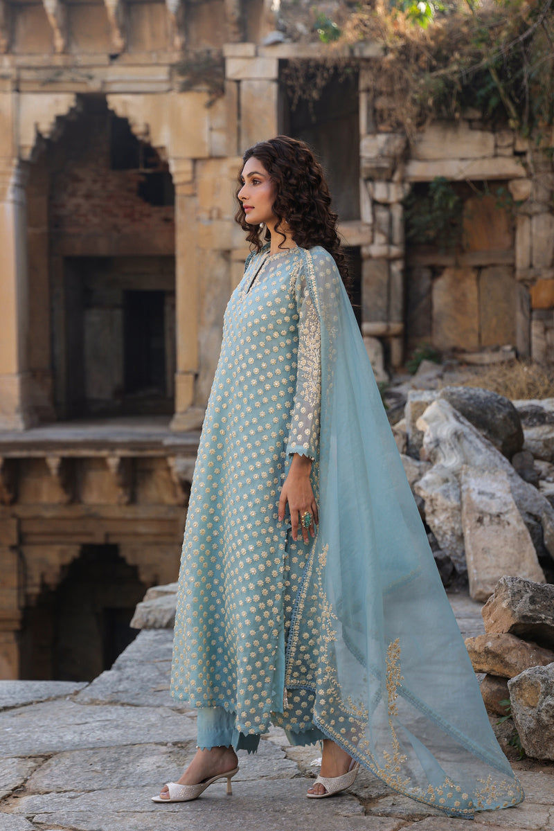 Vaayu Light Blue Buti Kurta Set organza , silk tencel kurta/kurta set by Niti Bothra in light blue for women Worldwide