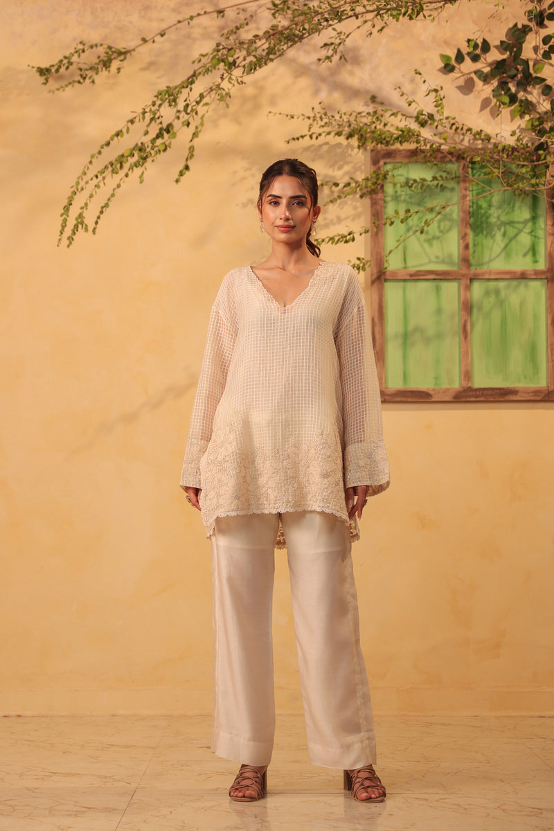 Vaayu Ivory Heavy Applique Co-Ord Set silk chanderi , silk tencel kurta/kurta set by Niti Bothra in ivory for women Worldwide