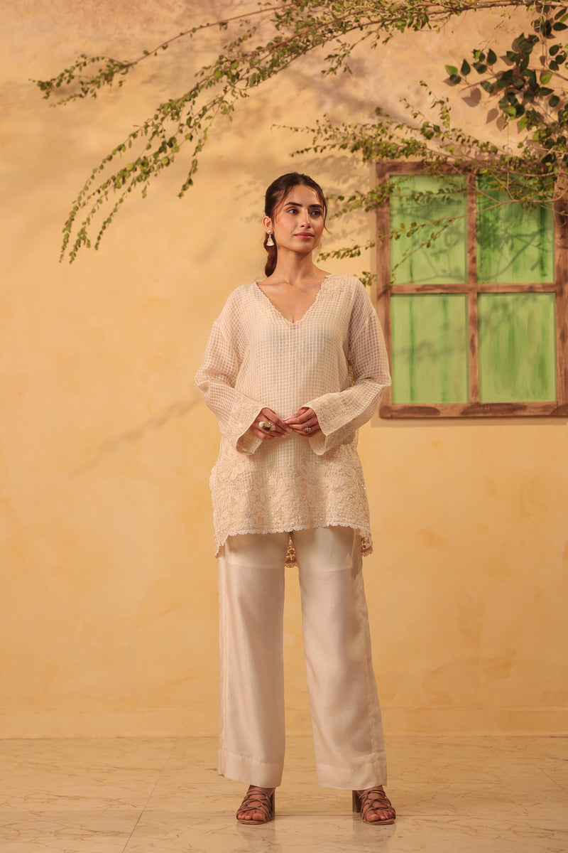 Vaayu Ivory Heavy Applique Co-Ord Set silk chanderi , silk tencel kurta/kurta set by Niti Bothra in ivory for women Worldwide