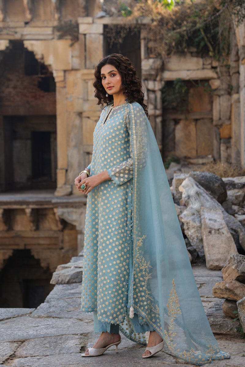 Vaayu Light Blue Buti Kurta Set organza , silk tencel kurta/kurta set by Niti Bothra in light blue for women Worldwide