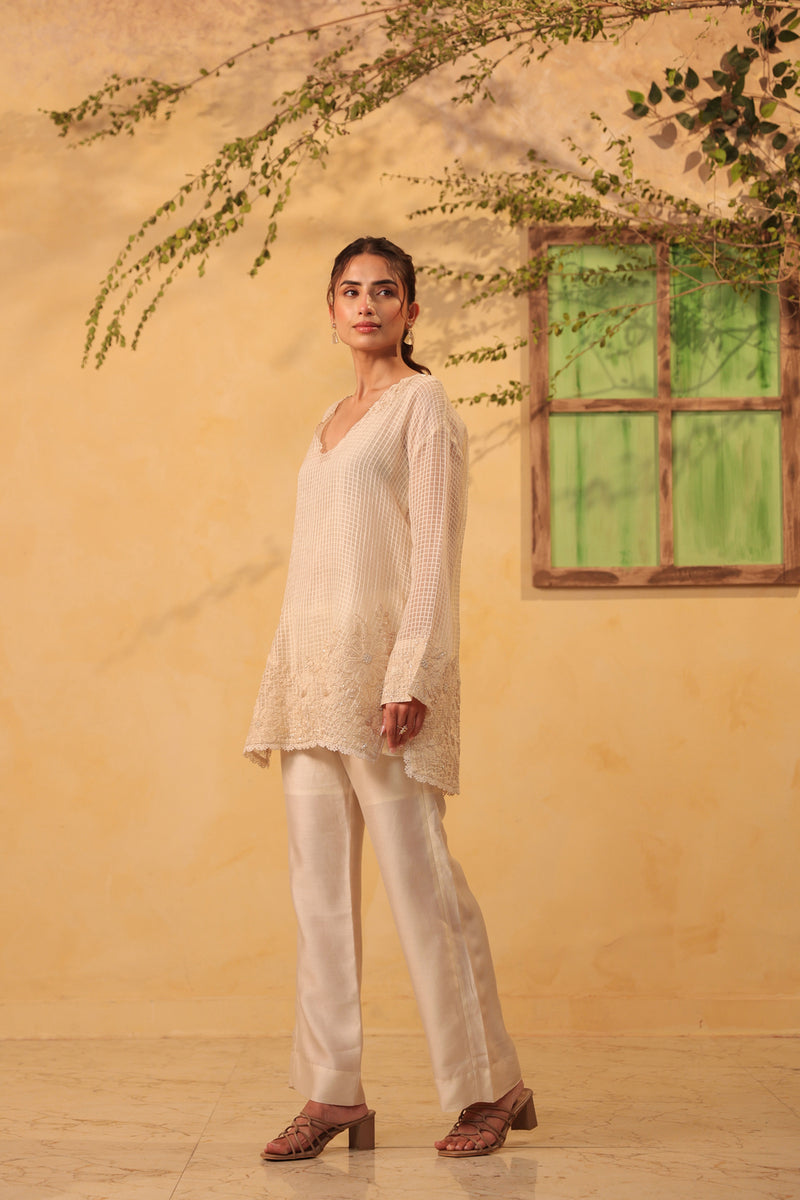 Vaayu Ivory Heavy Applique Co-Ord Set silk chanderi , silk tencel kurta/kurta set by Niti Bothra in ivory for women Worldwide