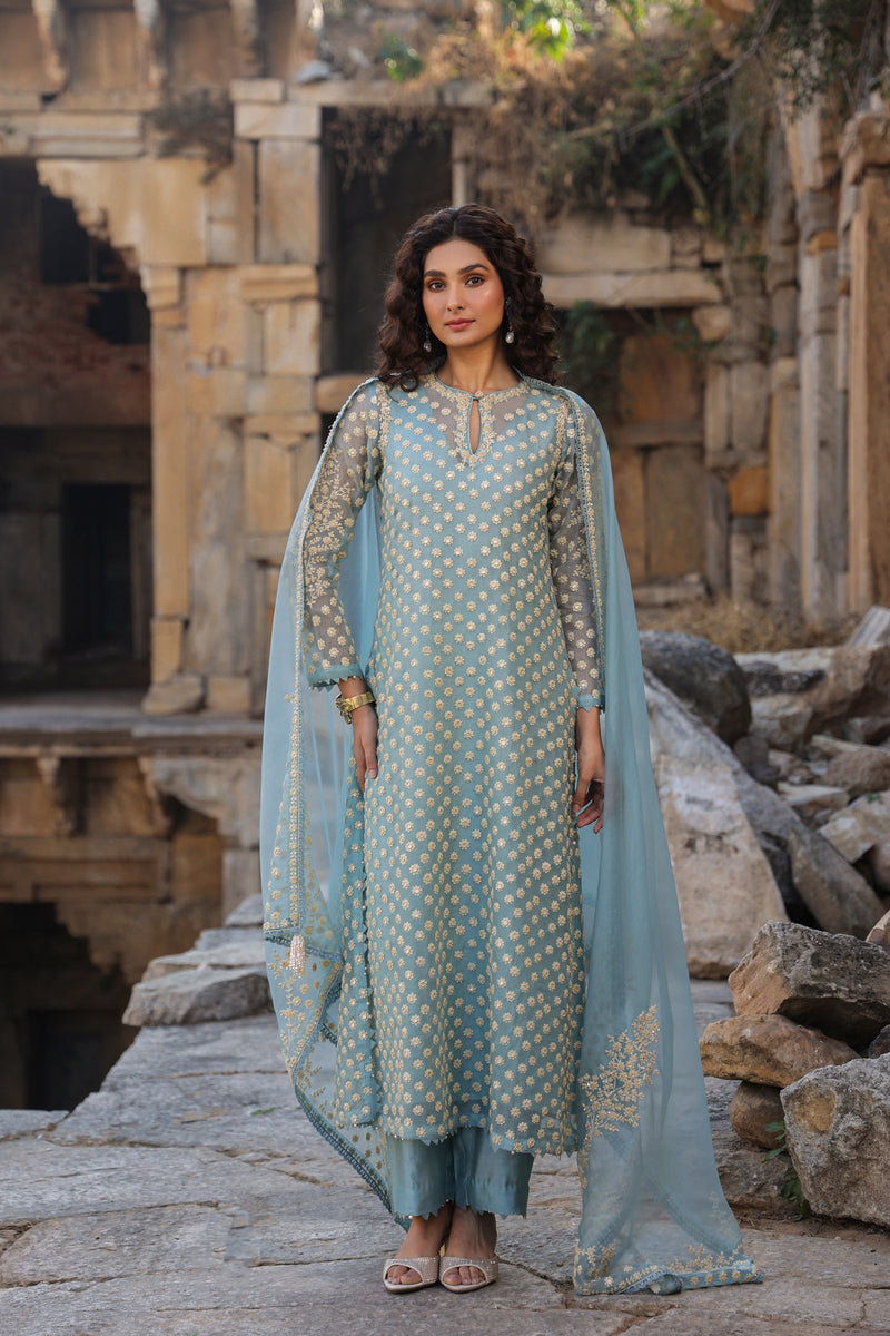Vaayu Light Blue Buti Kurta Set organza , silk tencel kurta/kurta set by Niti Bothra in light blue for women Worldwide
