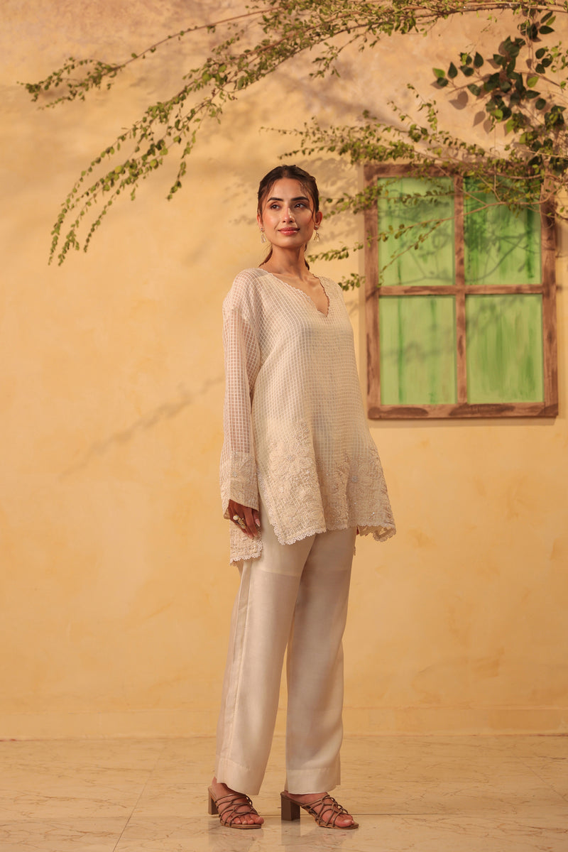 Vaayu Ivory Heavy Applique Co-Ord Set silk chanderi , silk tencel kurta/kurta set by Niti Bothra in ivory for women Worldwide