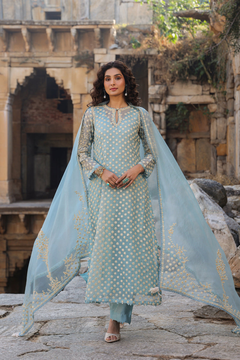 Vaayu Light Blue Buti Kurta Set organza , silk tencel kurta/kurta set by Niti Bothra in light blue for women Worldwide